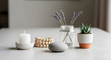 A peaceful still life arrangement featuring a white candle, a smooth grey stone, a wooden bead bracelet, a jar of lavender, and a small succulent plant on a light wooden surface. The composition evokes a sense of zen, relaxation, and mindfulness.の素材