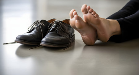 A pair of bare feet rest on the floor next to black leather dress shoes, symbolizing relief after a long day of work. The scene captures the feeling of exhaustion and the comfort of finally being home.の素材