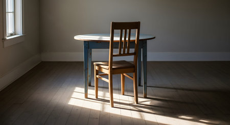 A simple wooden chair and a distressed blue table stand in an empty room with hardwood floors. Sunlight casts dramatic shadows across the floor, evoking a sense of simplicity, potential, or abandonment.の素材
