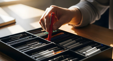 A hand reaches into a neat black organizer tray to select a bright red pen from a collection of various markers and pens. The image highlights organization, choice, and preparation for work or creative tasks.の素材