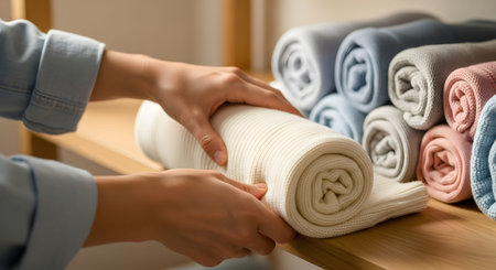 A person's hands place a neatly rolled white towel or blanket onto a wooden shelf alongside other pastel-colored rolls. The image depicts closet organization, decluttering, and tidy home storage solutions.の素材