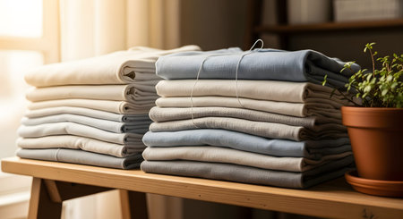 Two neat stacks of folded clothes, including t-shirts and sweaters in soft colors, sit on a wooden shelf next to a potted plant. The image conveys organization, laundry care, and a tidy home environment.の素材