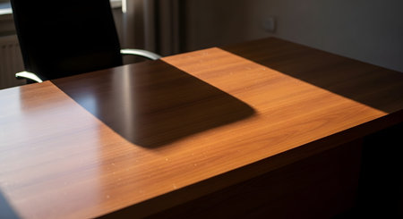 An empty wooden office desk with a black chair is illuminated by a beam of sunlight, creating a strong diagonal shadow. The scene suggests a workspace ready for use, a break time, or the end of a workday.の素材