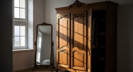 An elegant antique wooden wardrobe stands open next to a tall floor mirror in a sunlit room. The warm sunlight casts shadows across the furniture and wooden floor, creating a nostalgic and peaceful vintage atmosphere.の素材
