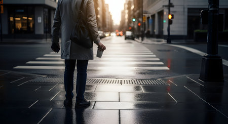 A person stands at a city crosswalk on a rainy day, waiting to cross the street while holding a coffee cup. The wet pavement reflects the city lights and traffic signals, creating an urban, atmospheric scene.の素材