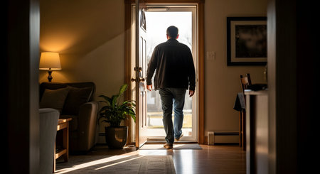 A man is seen from behind walking out of an open front door into bright daylight, leaving the darker interior of a living room. The image symbolizes departure, moving forward, or stepping out into the world.の素材