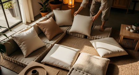 A person arranging beige cushions on a low floor sofa in a sunlit room filled with plants. The setting evokes a relaxed, bohemian, and comfortable atmosphere perfect for leisure.の素材