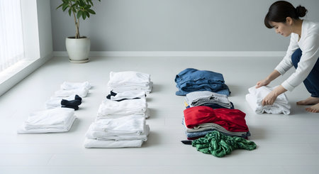 A woman kneels on the floor of a bright, minimalist room, organizing laundry into neat rows of folded clothes. The image represents housekeeping, organization, and the routine of daily chores.の素材