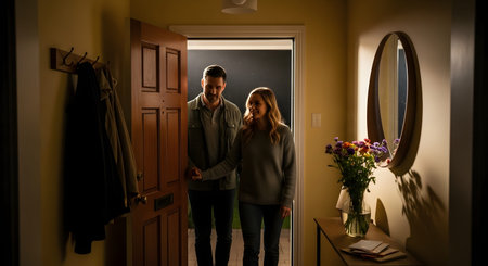 A smiling couple entering their home through a wooden front door. The warm interior light contrasts with the darker exterior, suggesting a welcoming return home in the evening.の素材