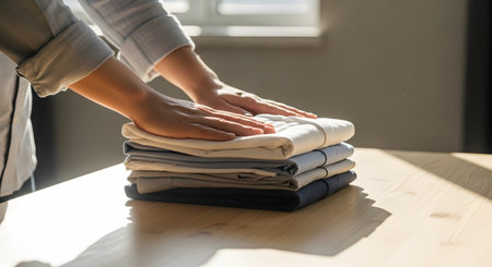 Close-up of hands gently smoothing a neat stack of folded laundry on a light wooden table. The sunlit scene highlights domestic chores, organization, and the care taken in maintaining a tidy home.の素材