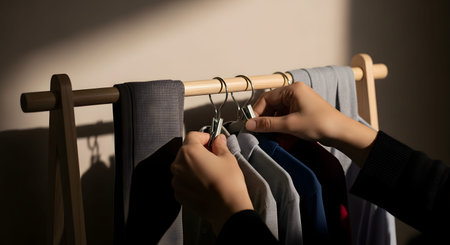 Close-up of hands using a clip hanger to hang grey trousers on a wooden clothing rack. The minimalist setting emphasizes organization, fashion retail, or wardrobe management.の素材