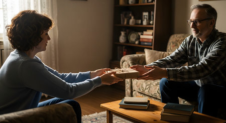 An older man and a woman sit in a living room, exchanging a brown paper-wrapped gift box. The warm lighting and their expressions suggest a moment of personal connection, gratitude, and intimate family celebration.の素材