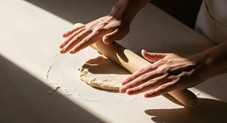 Close-up of hands using a wooden rolling pin to flatten dough on a floured surface. The sunlit kitchen setting highlights the artisanal process of baking and food preparation.の素材