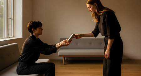 Two women in a minimalist room with warm lighting, where one seated woman hands a silver reusable water bottle to the other standing woman. The scene represents sustainability, friendship, and sharing healthy habits.の素材