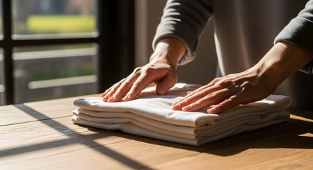 Close-up of hands neatly folding a stack of clean white garments on a wooden table. The warm sunlight streaming through a window creates a cozy atmosphere, highlighting domestic chores and laundry organization.の素材