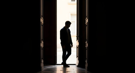 A man stands silhouetted in a large, open double doorway, looking down or contemplating. The contrast between the dark interior and the bright light outside creates a mood of introspection, hesitation, or transition.の素材