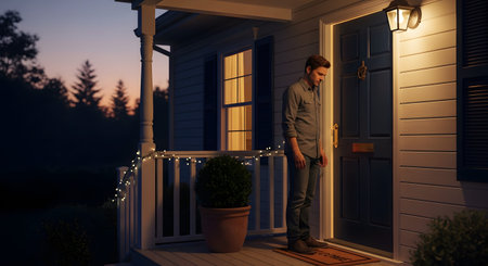 A contemplative man stands alone on the front porch of a suburban house during twilight, looking down with a somber expression. The warm glow of the porch light and decorative string lights contrasts with the dimming blue sky, creating a mood of solitude or waiting.の素材