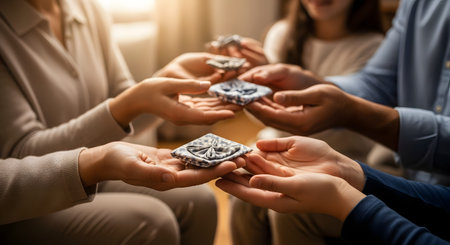 A group of people holding small, folded fabric crafts in their open palms, arranged in a circle. The image symbolizes sharing, community, craftsmanship, and the appreciation of handmade textile art.の素材