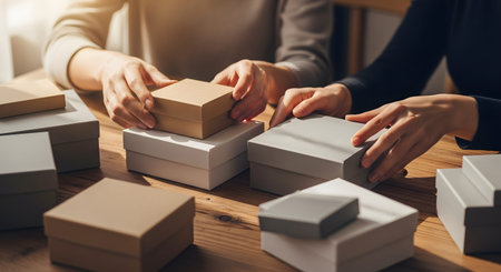 Two people organizing and arranging various small cardboard gift boxes on a wooden table, preparing for packaging or shipping.の素材