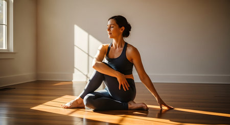 A woman practices yoga in a sunlit room, performing a seated spinal twist pose on a wooden floor. The image conveys wellness, flexibility, and mindfulness in a serene home environment.の素材