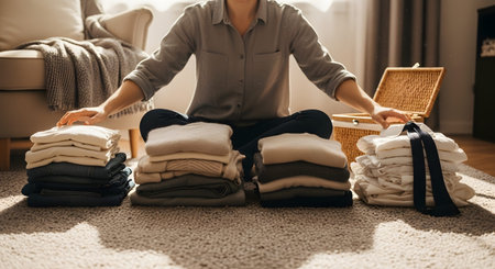 A woman sits on the carpeted floor organizing folded clothes into neat stacks, possibly packing for a trip or decluttering. The scene shows various piles of sweaters and shirts, highlighting organization and preparation.の素材