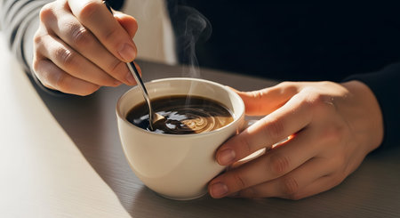 A close-up view of hands holding a white ceramic cup and stirring hot coffee with a spoon. Steam rises from the dark liquid, creating a swirl pattern, while sunlight casts dramatic shadows, evoking a cozy morning routine.の素材