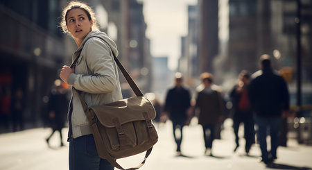 A woman walks down a busy city street with a messenger bag, looking back over her shoulder with a concerned or alert expression. The image suggests themes of safety, awareness, anxiety, or simply looking for someone in a crowd.の素材