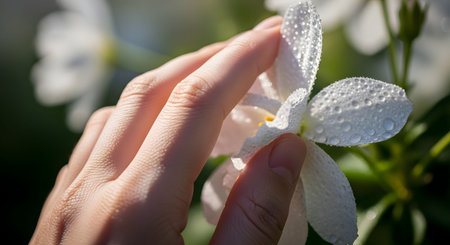 A gentle hand touches a white flower petal covered in fresh water droplets. The close-up shot highlights the delicate texture of the bloom and the purity of nature, likely in a garden setting.の素材