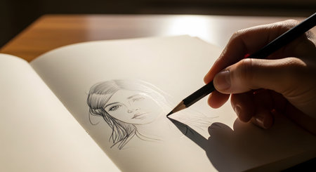A close-up perspective of an artist's hand using a pencil to draw a detailed portrait of a woman's face in a sketchbook. Sunlight casts a shadow across the paper, highlighting the creative process and artistic skill.の素材