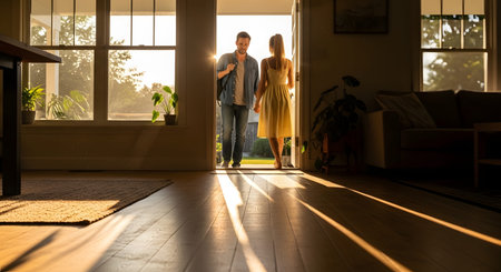 A couple walks through the open front door of a house, backlit by the warm glow of the setting sun which casts long shadows on the floor. The image captures a moment of arrival, homecoming, or viewing a new property together.の素材