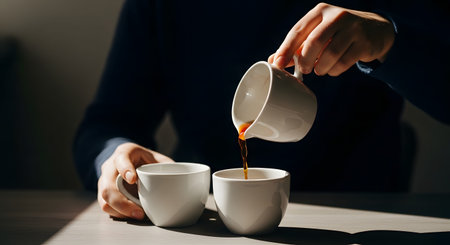 A close-up of hands pouring hot coffee or tea from a pitcher into a white ceramic cup on a wooden table. The high-contrast, moody lighting highlights the steam and the rich color of the beverage, creating a cozy and intimate atmosphere.の素材