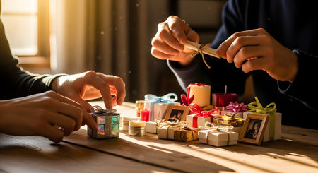 Close-up of hands tying a small scroll with twine on a wooden table filled with wrapped gifts, candles, and framed photos. The warm, atmospheric lighting creates a cozy and festive mood, suitable for holidays, anniversaries, or special celebrations.の素材