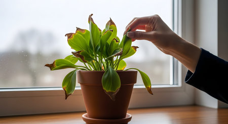 A hand gently touches the brown, wilting leaves of a potted plant sitting on a window sill. The image highlights issues of plant care, neglect, or the struggle to keep nature alive indoors. The soft window light contrasts with the sad state of the dying foliage.の素材