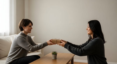 Two young women sit on the floor in a living room, smiling as one hands a small gift box to the other. The warm, bright setting underscores themes of friendship, giving, and celebration.の素材