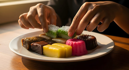 Hands carefully arranging an assortment of colorful traditional Asian steamed cakes on a white plate. The snacks include kue lapis and other bite-sized sweet treats, highlighting culinary heritage.の素材