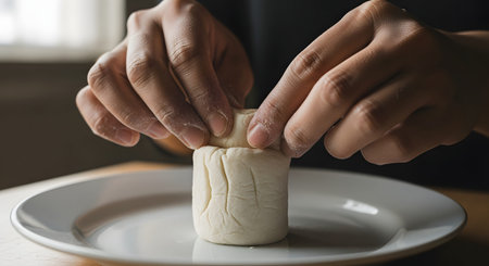 Close-up of a baker's hands shaping dough into a cylinder on a white plate, with flour dusting the fingers. The image captures the artisanal process of preparing pastry or bread against a dark background.の素材