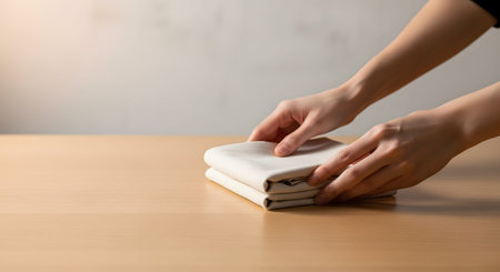 Hands carefully fold a clean white linen napkin or cloth on a smooth wooden surface. The minimalist composition emphasizes tidiness, domestic chores, and the preparation for a meal or event.の素材