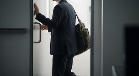 A businessman in a dark suit carrying a shoulder bag opens a door to leave the office. The image captures the concept of ending the workday or heading out for a business trip.の素材