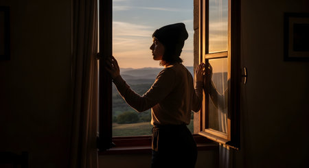 A woman wearing a beanie stands by an open wooden window, looking out at a scenic landscape during sunset. The image captures a mood of contemplation, peace, and appreciation for nature's beauty.の素材