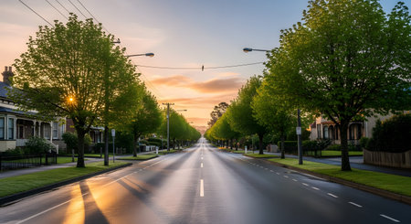 A straight, empty suburban street lined with lush green trees, bathed in the golden light of sunrise. The perspective shot captures the peacefulness of a residential neighborhood in the early morning.の素材