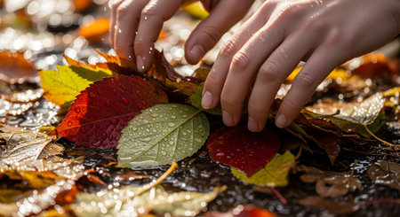 Close-up of hands gently touching wet, colorful autumn leaves on the ground. The leaves are shades of red, yellow, and green, covered in water droplets, evoking a tactile connection with nature during the fall season.の素材