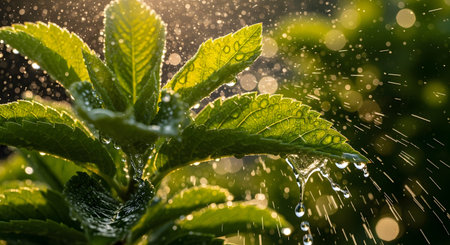 Vibrant green leaves are illuminated by golden backlight from the sun while rain falls, creating sparkling water droplets. The image captures the refreshing interaction between sunlight and water in a garden setting.の素材