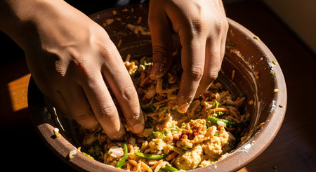 A close-up view of two hands vigorously mixing ingredients in a rustic brown clay bowl. The mixture appears to contain flour, spices, and chopped vegetables, illuminated by strong, warm sunlight.の素材