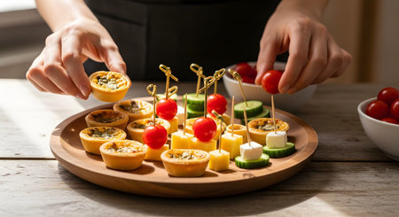 Close-up of hands carefully arranging assorted mini tartlets and vegetable skewers on a round wooden serving platter. The image depicts the detailed preparation of gourmet finger foods for a catering event or party.の素材