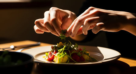 A chef's hands delicately placing fresh green herb garnishes onto a gourmet dish. The dramatic lighting highlights the precision of the plating and the freshness of the ingredients.の素材