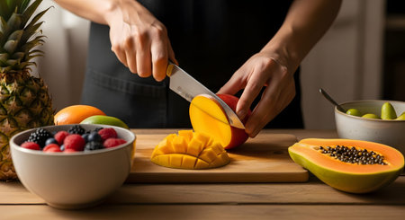 A person uses a knife to slice a ripe mango on a wooden cutting board, surrounded by bowls of berries and a papaya. The vibrant colors and fresh ingredients depict healthy eating and fruit preparation in a kitchen setting.の素材