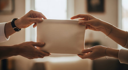 Two pairs of hands hold a plain beige canvas pouch, presenting it in a clean, well-lit environment. The neutral background and simple composition make it an ideal mockup for branding, cosmetic bags, or sustainable packaging designs.の素材