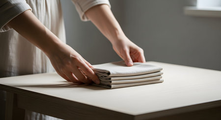 A person's hands carefully fold and smooth a stack of beige linen napkins or towels on a light wooden table. The minimalist setting and soft lighting emphasize domestic organization, cleanliness, and the texture of the fabric.の素材