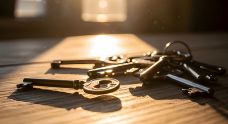 A pile of vintage metal skeleton keys lies on a textured wooden table, illuminated by warm, golden sunlight. Dust motes dance in the light beams, creating a mysterious and nostalgic atmosphere. The image evokes themes of history, access, security, and uncovering secrets.の素材