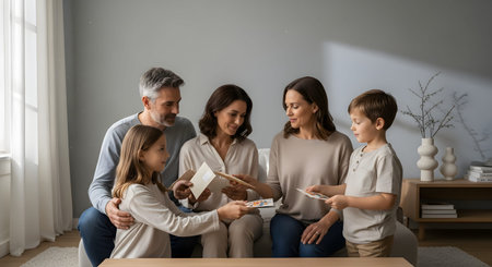 A happy family of four sits together on a sofa in a bright living room, sharing and looking at photographs or greeting cards. The scene captures a moment of bonding, nostalgia, and family togetherness.の素材